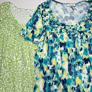 New Style Co Woman 2 Pc Lot Tunic Tops 3X Green Floral Abstract Print